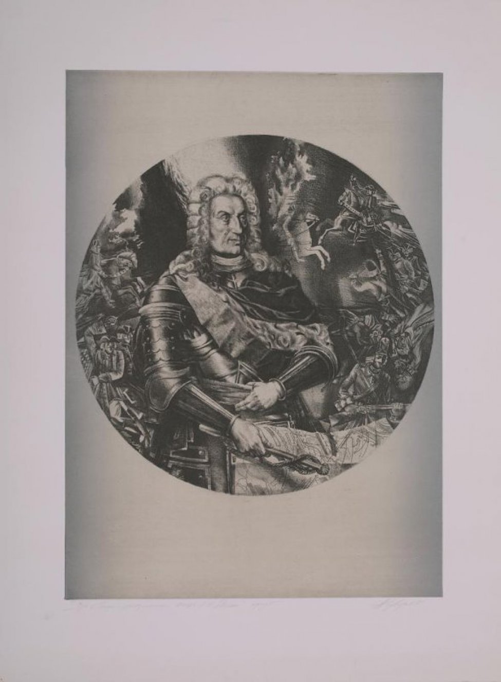 В круге, на фоне битвы, изображен мужчина в парике и рыцарских доспехах. Взгляд его устремлен вправо. Перед ним - карта.