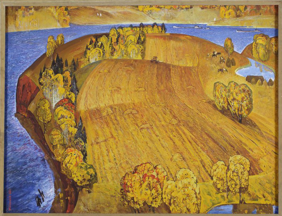 Большую часть изображения, почти до верхнего поля картины, занимает сжатое поле с купами деревьев слева и справа, с фигурками коров, со скирдами соломы. Слева и вверху - голубая полоса реки. Вдали по реке идут баржи.