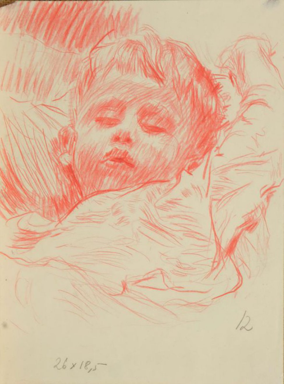 Изображен спящий мальчик с закинутой за голову левой рукой.