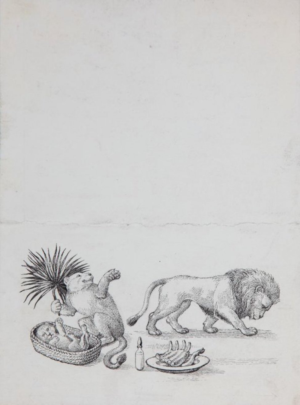 Изображены: слева - львица с пальмовой ветвью в лапах, перед ней львенок в плетеной корзинке; справа - лев. На первом плане - бутылочка с соской, тарелка с остатками пищи.