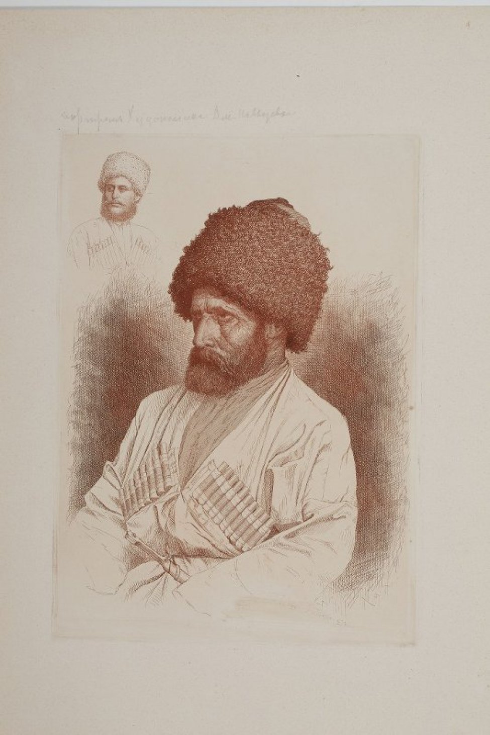 Поясное изображение  пожилого мужчины  в трехчетвертном  повороте в лохматой шапке, кавказской одежде, кинжалом у пояса.