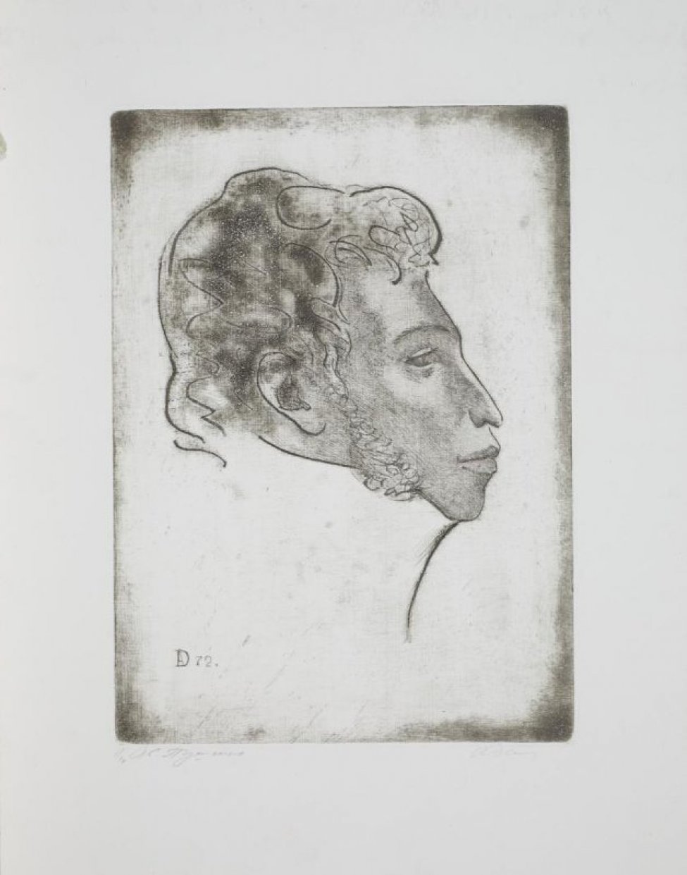Изображена в профиль в левом повороте голова поэта- А.С.Пушкина. На изображении внизу слева гравированная монограмма: 72.