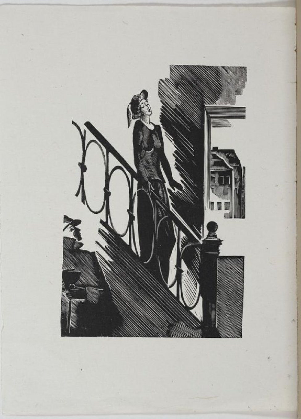 Изображено: по диагонали листа справа нямба лестница с ажурной решеткой, по которой спускается женщина. В левом нижнем углу фигура мужчины. На заднем фоне в проеме окна видны дома.