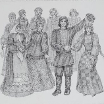 На переднем плане справа изображены парень с девушкой, взявшиеся за руки. За ними - хоровод девушек в длинных сарафанах и юбках.