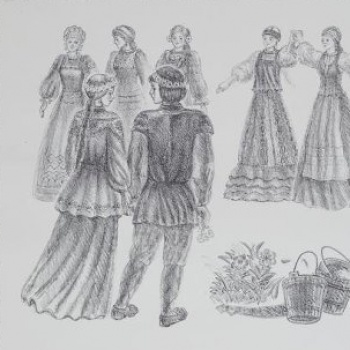 На первом плане слева изображены со спины в рост парень и девушка, взявшиеся за руки; справа - цветы и два ведра с водой; на втором плане - пять танцующих девушек.