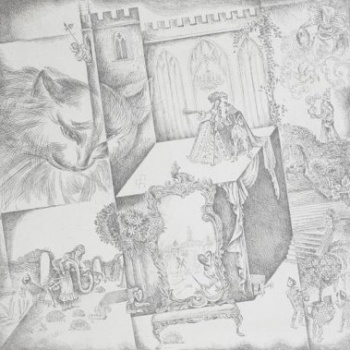 В центре композиции изображен куб, на верхней грани которого фигурки короля и королевы; к передней грани куба прислонено зеркало. В левой части внизу - девочка, держащая на руках фламиного, вверху - голова кота.