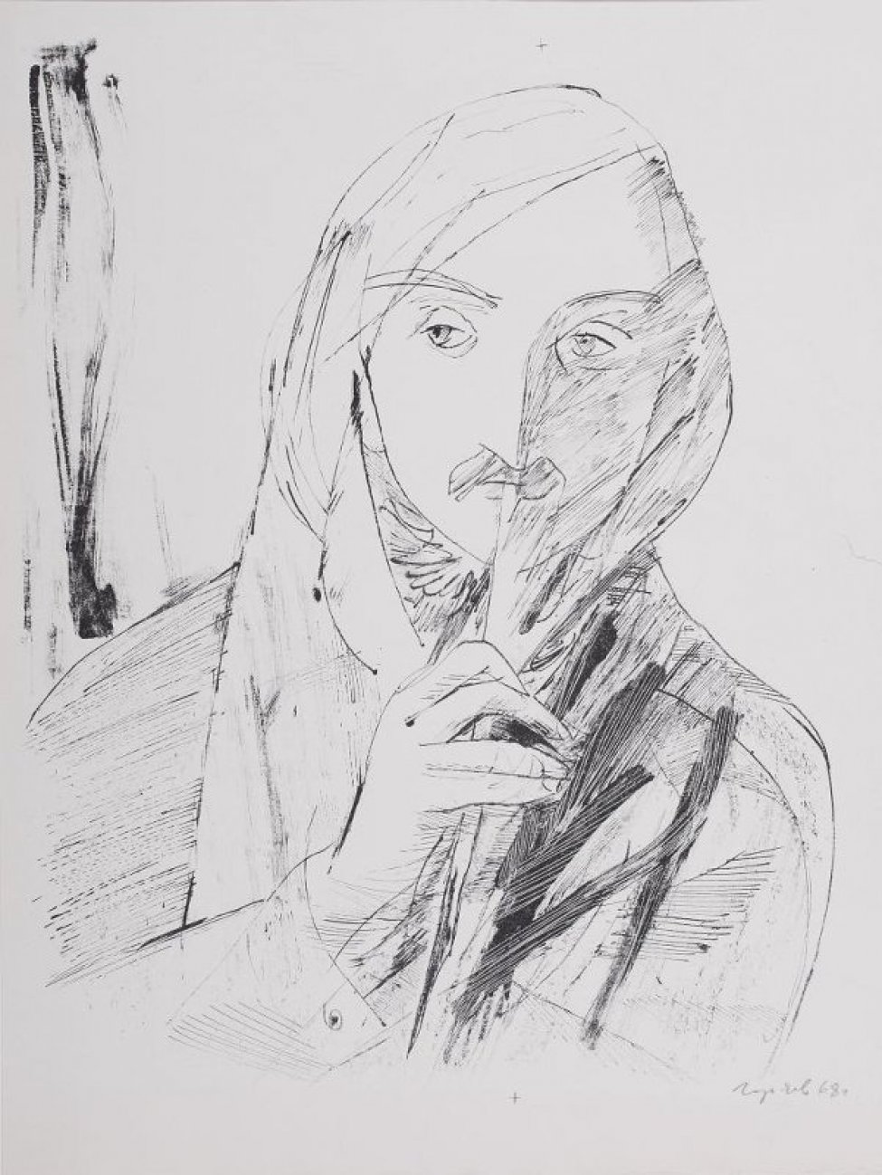 Погрудное, анфас, изображение Гоголя с пером в правой руке, поднесенного к губам.