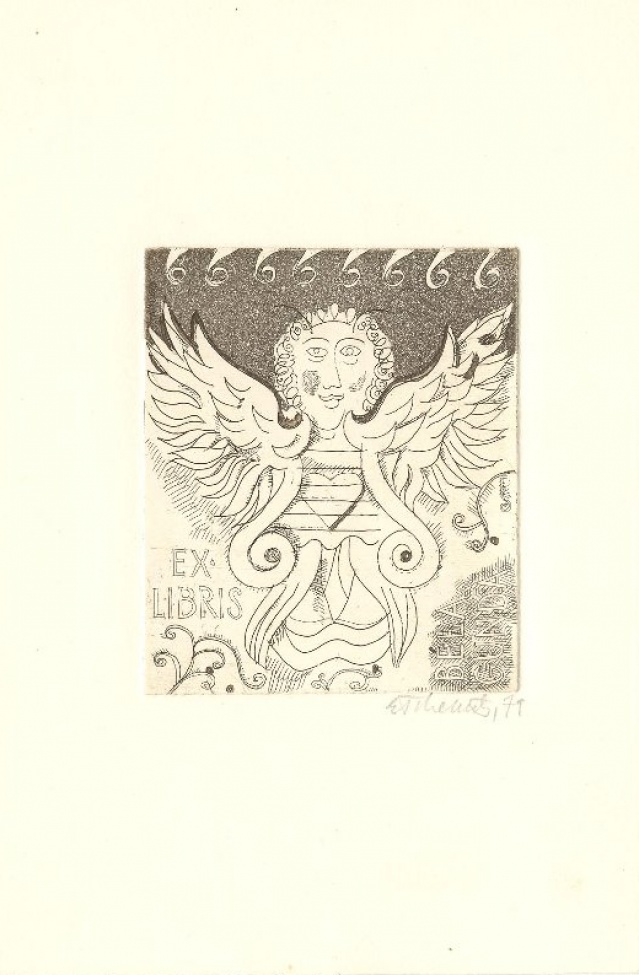 Изображен черт. В нижней части композиции слева и справа печатным шрифтом: EX LIBRIS BELA GUNDA.