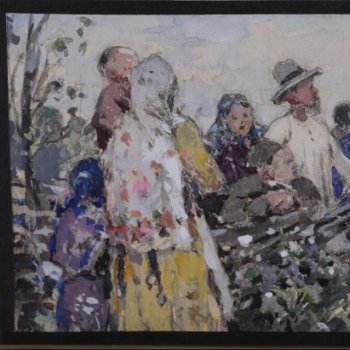 Возле плетня, на высоком берегу реки, изображена группа детей, женщин и мужчин. Вдали - водное пространство.