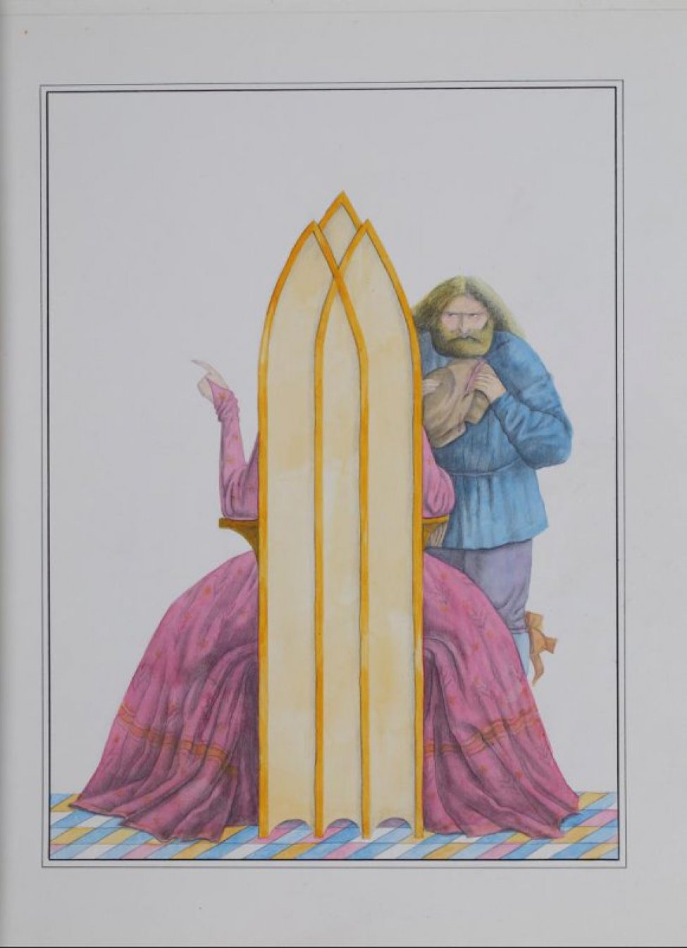 Изображена со спины сидящая на троне женщина с малиновом платье, перед ней стоит мужчина в синей блузе, сиреневых штанах.