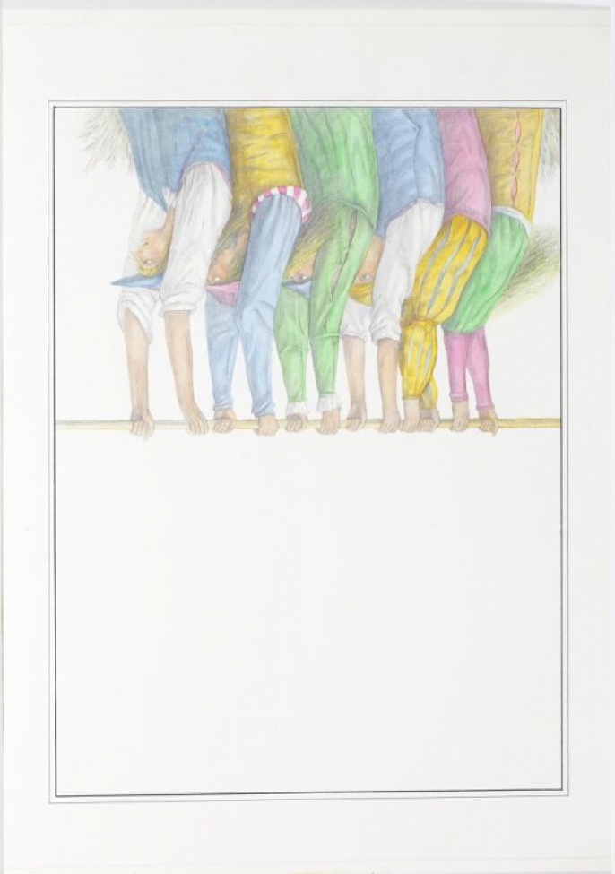 Поясное изображение шести мужчин, несущих над головами копье.