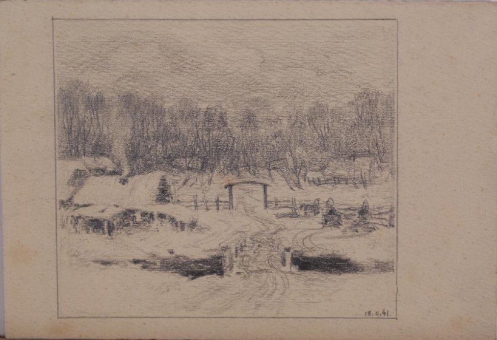 Изображен зимний деревенский пейзаж. На первом плане - мостик с небольшими перилами; напротив него - ворота; слева - деревянный дом; на дальнем плане - деревья и силуэты домов среди них. Изображение заключено в рамку.