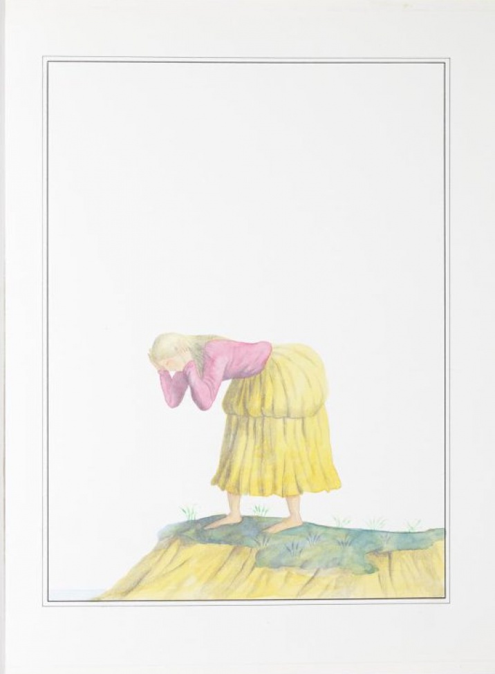 Изображена склонившаяся над обрывом женщина в розовой кофте, желтой юбке.
