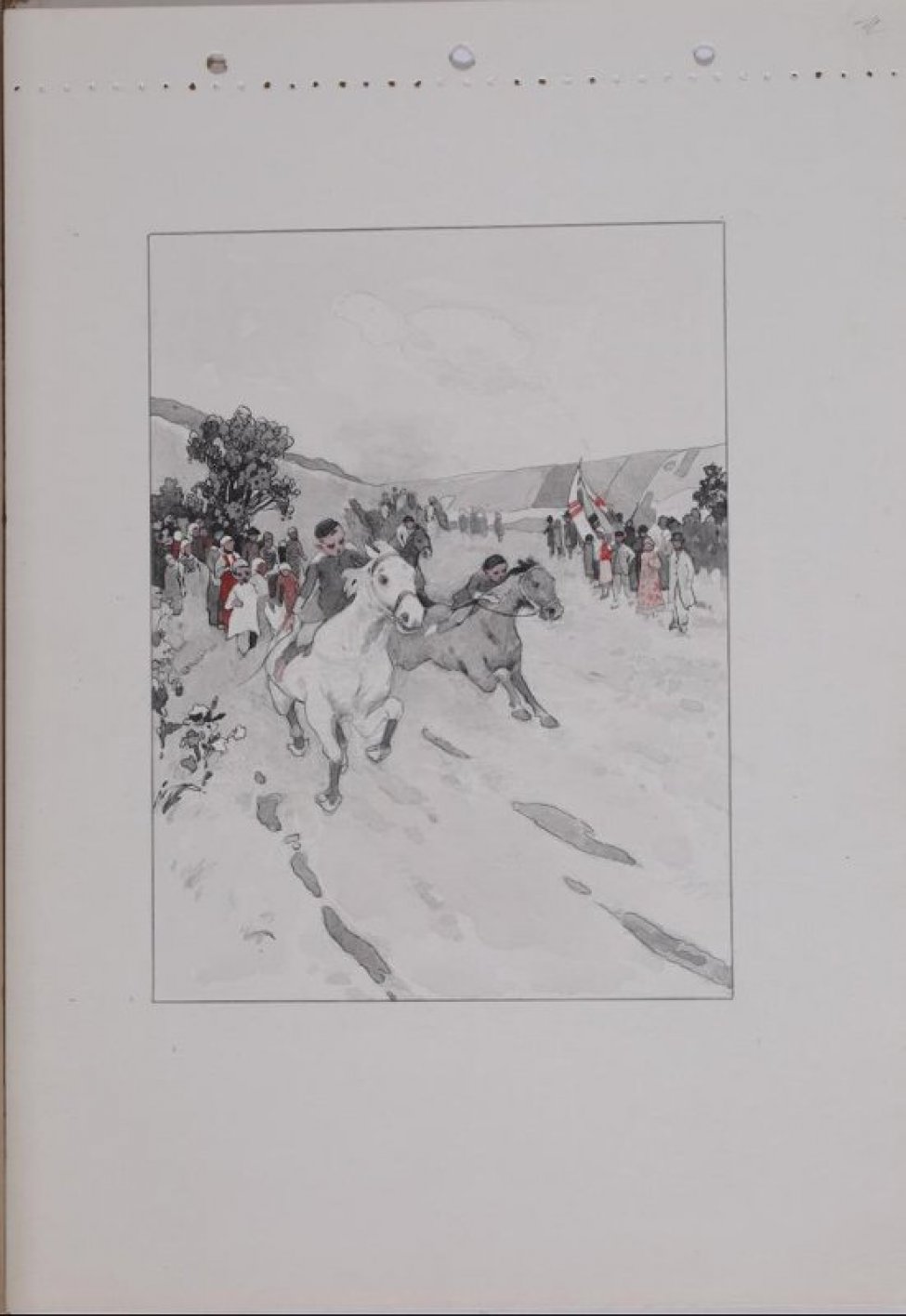 В центре композиции изображены скачущие на конях мальчики, вокруг - группа людей. Изображение заключено в рамку.
