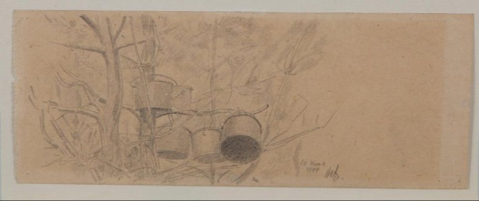Изображено пять солдатских котелков (два - выше, три - ниже), висящих на оголенных ветках дерева.