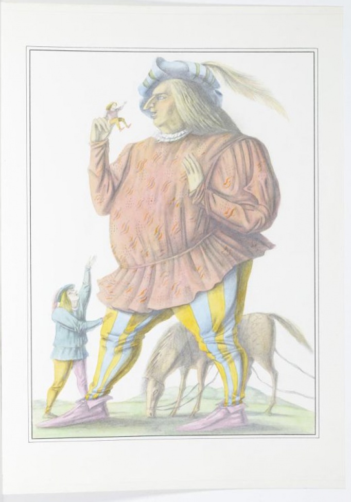На лужайке изображен большой мужчина в розовой с рисунком блузе, сине-желтых штанах. На втором плане - пасущаяся лошадь.