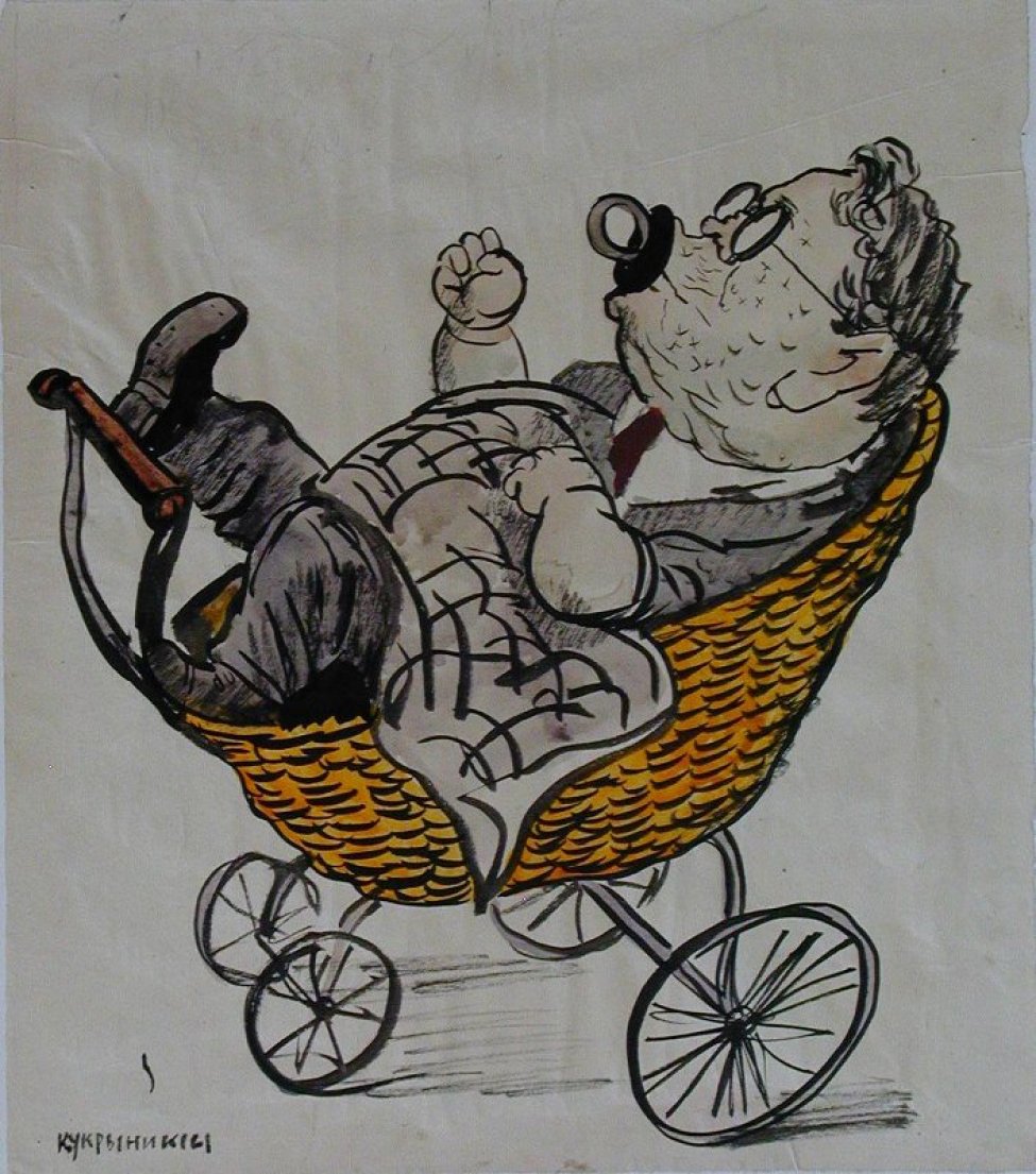 Изображен мужчина в детской коляске желтого цвета с соской во рту, накрытый детским клетчатым одеялом.