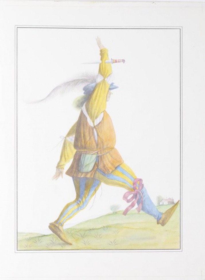Изображен полный мужчина в коричневой блузе, желто-синих штанах, идущий по лужайке; правая рука поднята вверх. Вдали - домик с красной крышей.