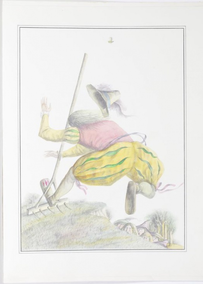 В центре композиции изображен со спины бегущий по краю обрыва мужчина с граблями в желто-зеленых штанах;розово-желтой блузе; Справа - внизу изображены головы шести мужчин.