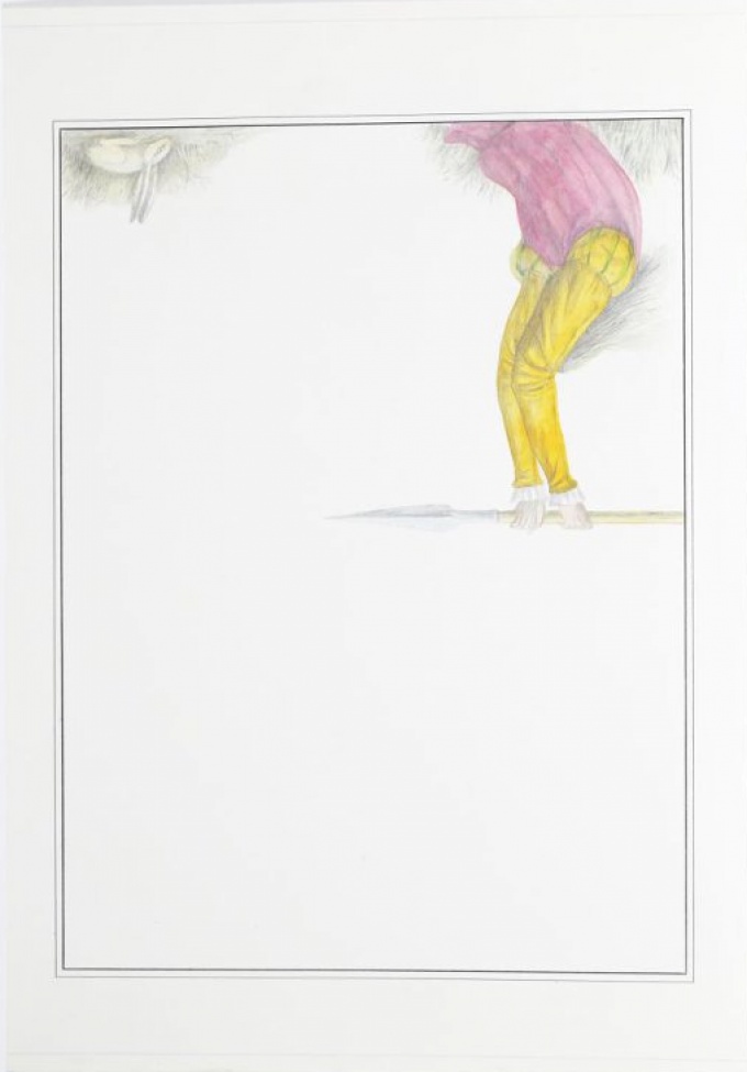 Слева поясное изображение мужчины в розово-желтой блузе, с поднятым над головой копьем, справа - заяц в траве.