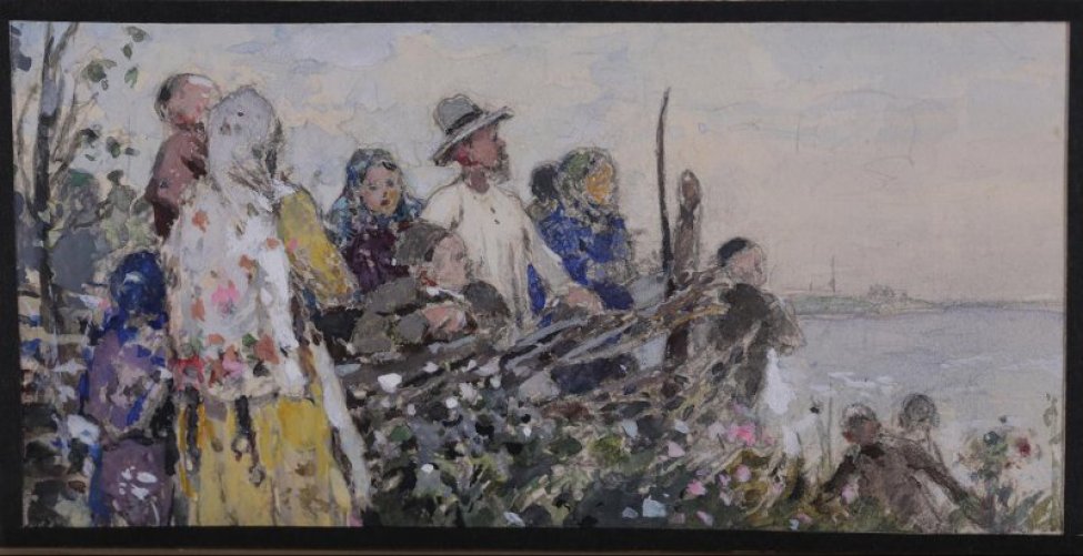Возле плетня, на высоком берегу реки, изображена группа детей, женщин и мужчин. Вдали - водное пространство.