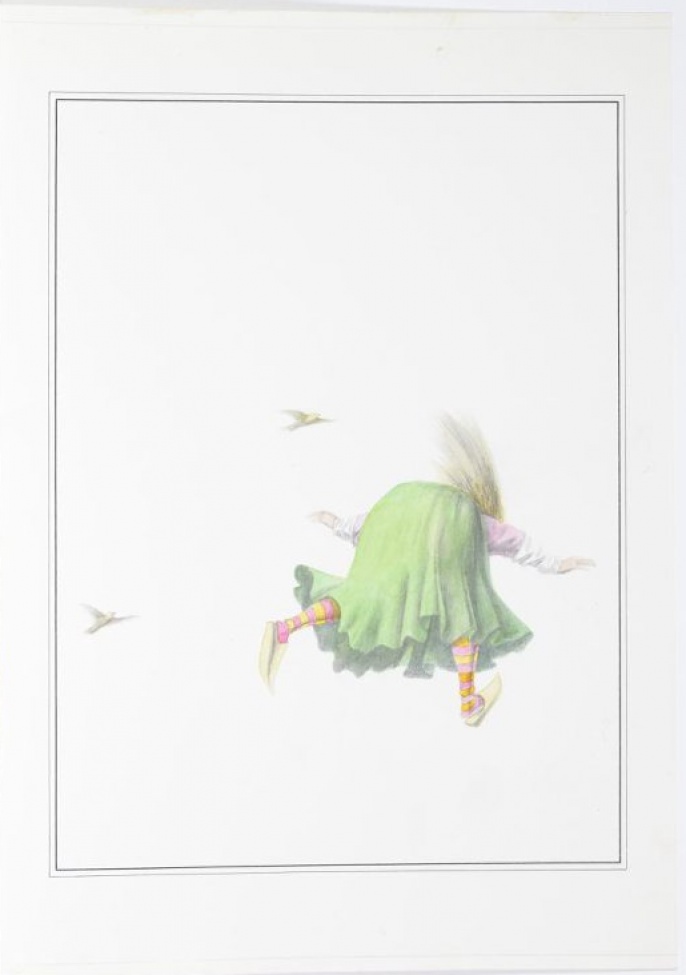 Изображена со спины летящая по небу женщина с развивающимися, светлыми волосами в длинном зеленом платье.
