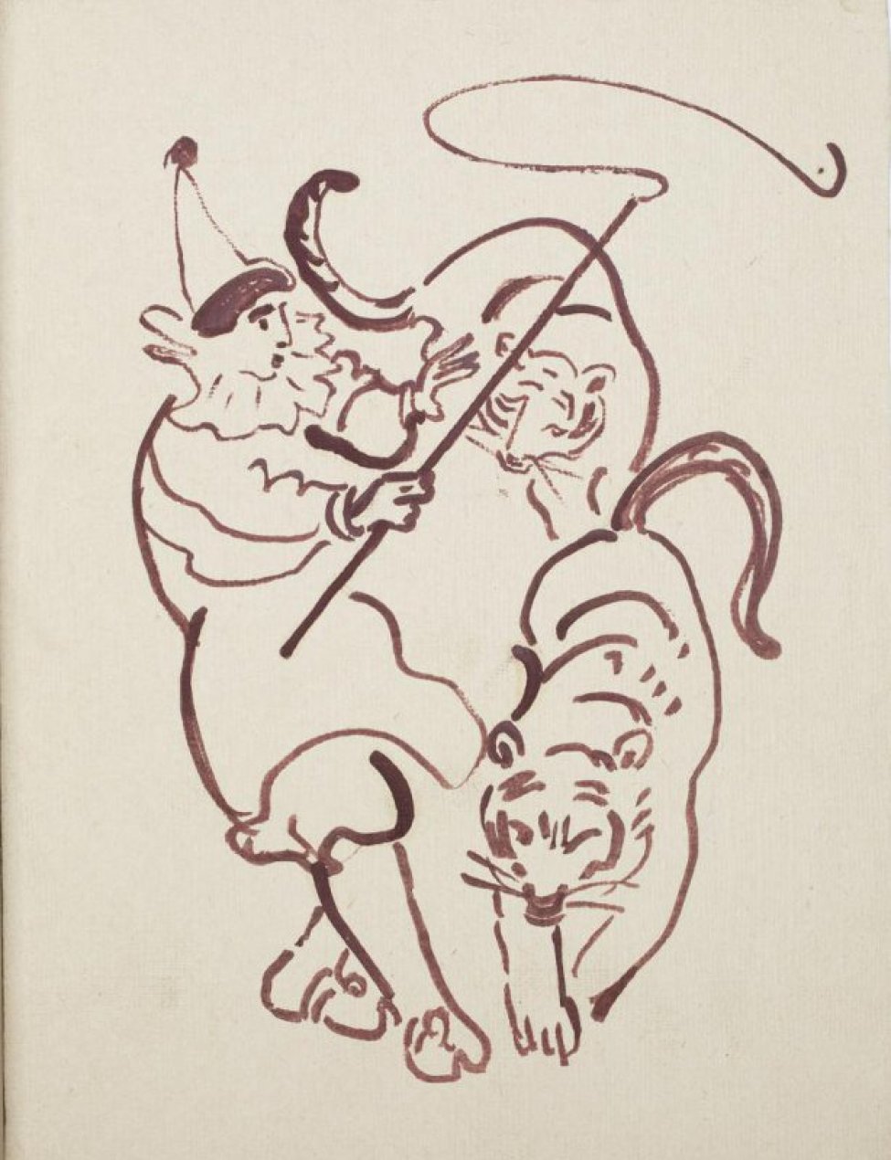 В центре композиции изображен дрессировщик с хлыстом в правой руке, перед ним два тигра.