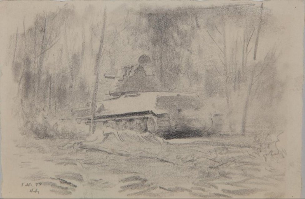Изображен танк стоящий между деревьями; дуло орудия повернуто влево от зрителя.