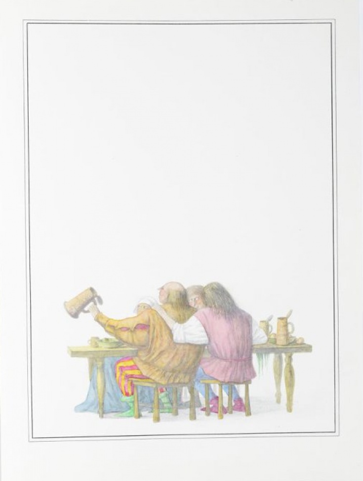 Изображены сидящие за накрытым столом трое мужчин, двое со спины и женщина.