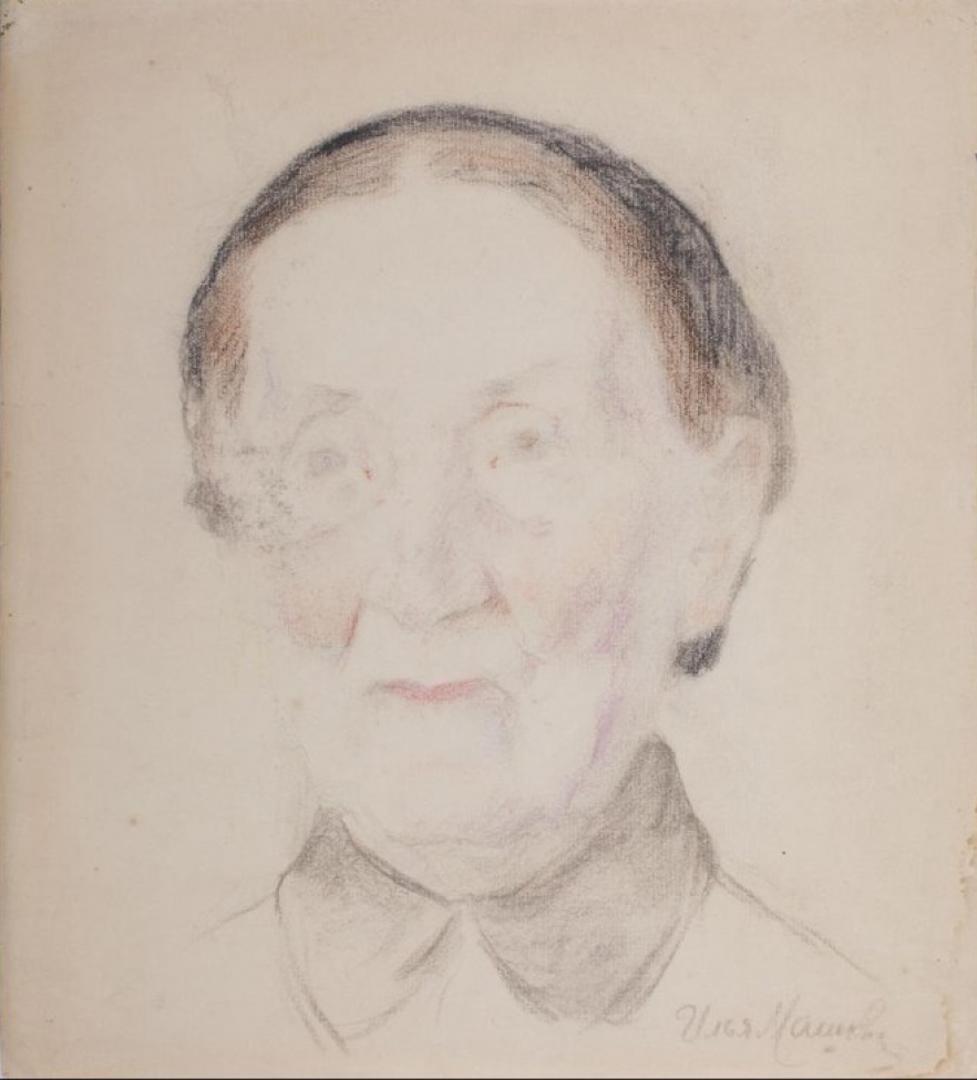 оплечное изображение пожилой женщины с гладкой прической под черной косынкой; лицо- анфас.