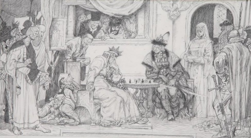 В центре композиции изображены сидящие за круглым шахматным столом: старик в короне и длинной узорчатой одежде и молодой человек в татарском платье с саблей на коленях. Справа - фигура молодой женщины с чашей в руках, группа воинов с копьями и старик в княжеской шапке. Слева - два карлика, сидящих на полу; человек  с чашей в руках, босой человек со свитком подмышкой, за ним два старика и силуэты фигур воинов с копьями. На втором плане в центре - четыре человека, глядящих из окна на играющих в шахматы.