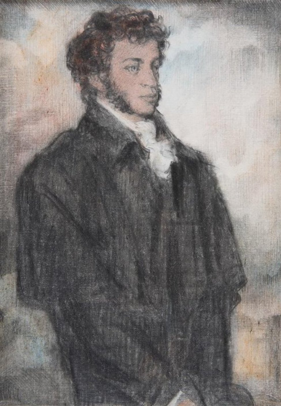На фоне облачного неба - победренное изображение  А.С. Пушкина с непокрытой головой в черном пальто с пелериной, из-под которого на груди виден белый галстук; в руках - шляпа.