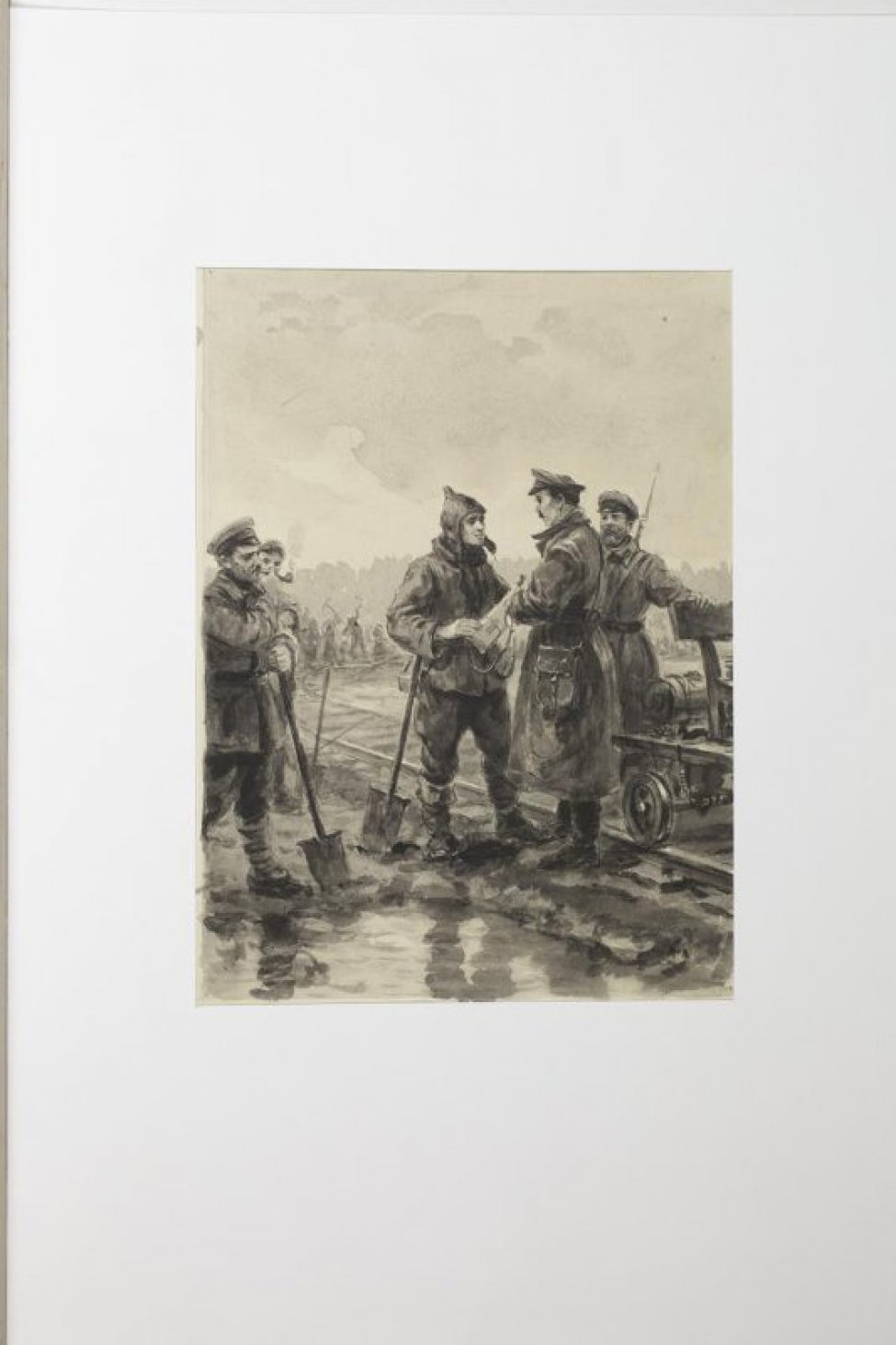 На первом плане справа изображены железнодорожные пути и трое мужчин, двое из которых в шинелях, а один в буденновке и с лопатой в руке; слева - фрагмент изображения мужчины с лопатой. На дальнем плане - группа людей с кирками, работающих на путях.