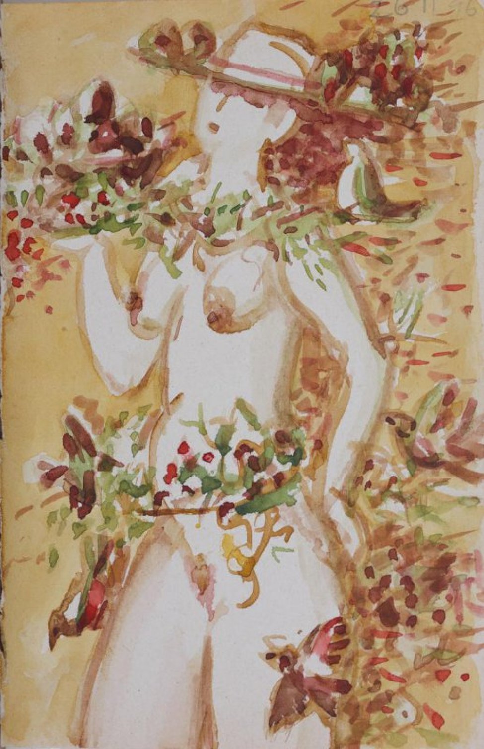 Поколенное изображение на светло-коричневом фоне  стоящей обнаженной женщины в шляпке с подносом в руках.