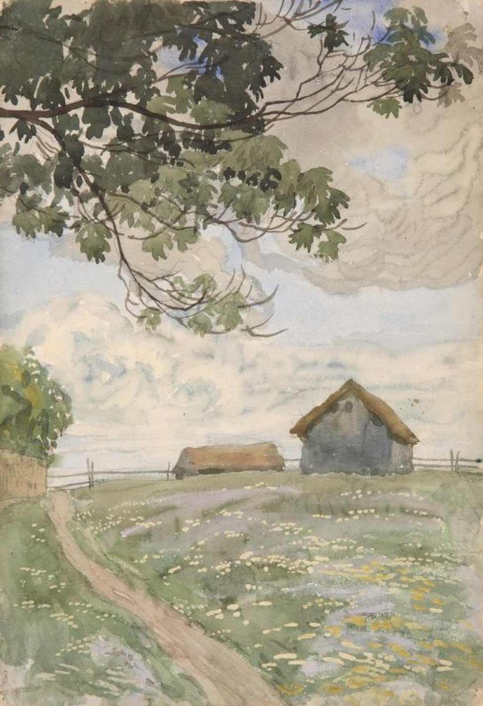 Изображен летний деревенский пейзаж с двумя сараями на втором плане. В левой части изображена дорога; в верхней - ветки дерева с зелеными листьями