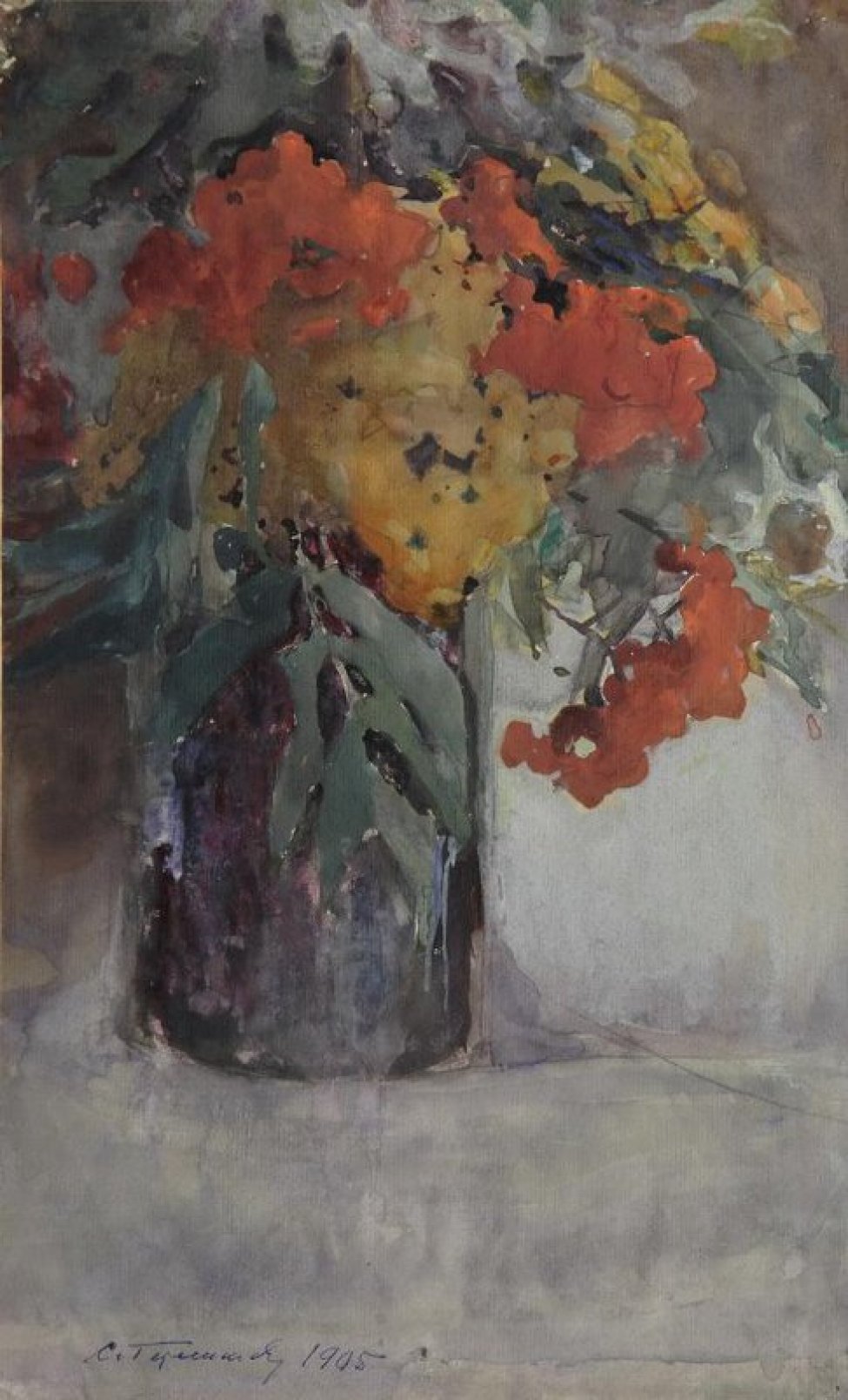 В цилиндрической вазе вишневого цвета изображен букет из веток спелой багряной и оранжевой рябины.
Обрамление: паспарту