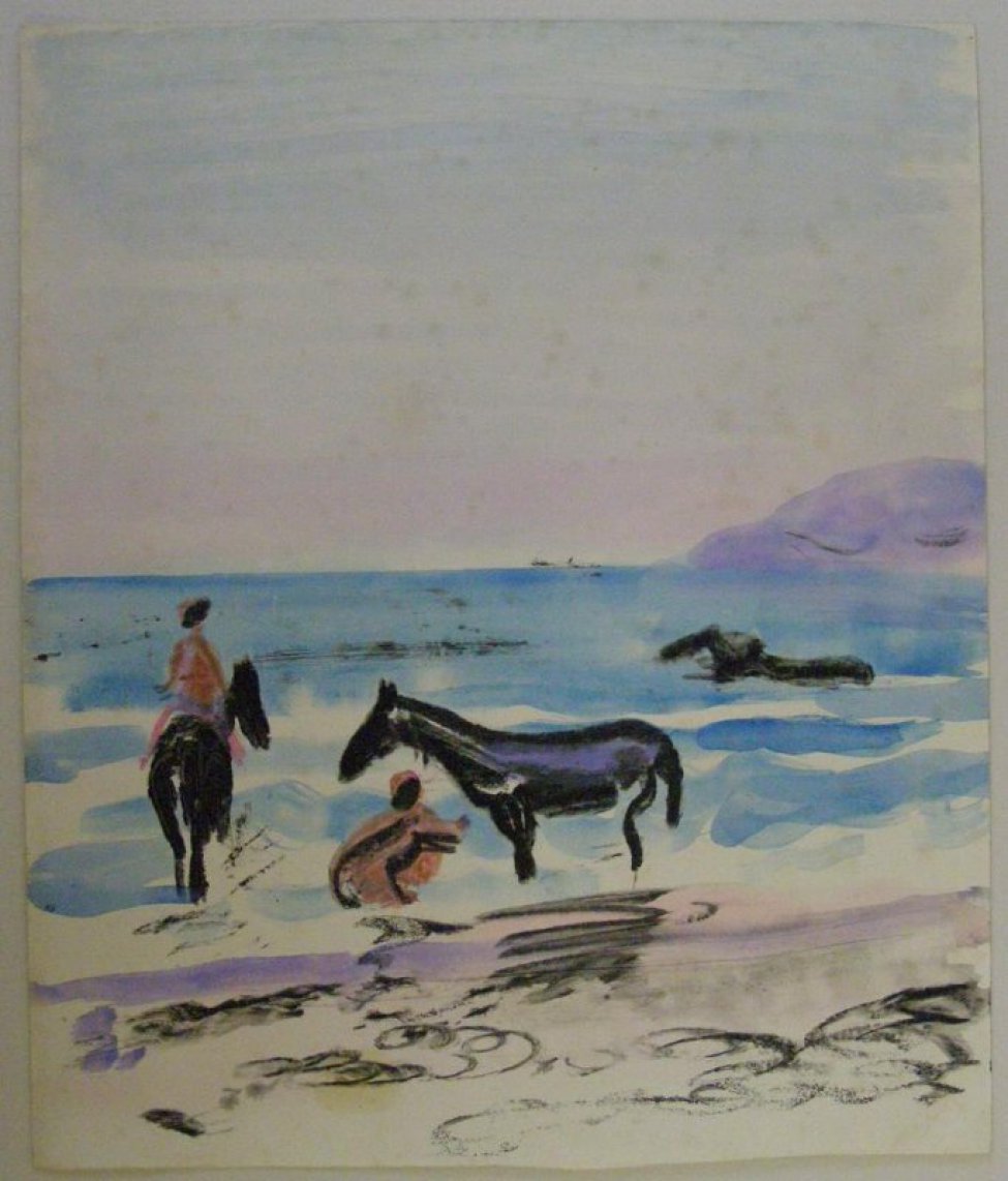 Изображено купание трех коней; один всадник верхом.