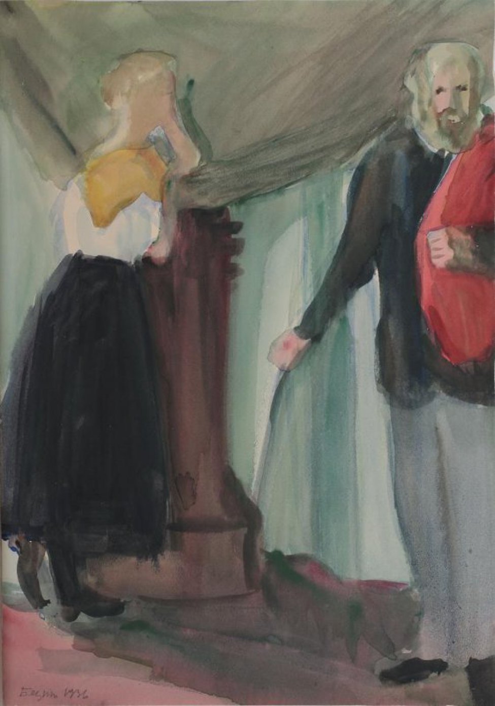На фоне зеленоватых драпировок изображены в рост: слева - женщина (в профиль) - светловолосая в белой блузке, черной юбке и черных сапожках, на грудь наброшена желтая ткань, стоящая облокотившись о коричневую тумбу;  справа - мужчина (анфас), светловолосый, бородатый, в черном пиджаке, серых брюках, черных ботинках; через плечо перекинута красная ткань.