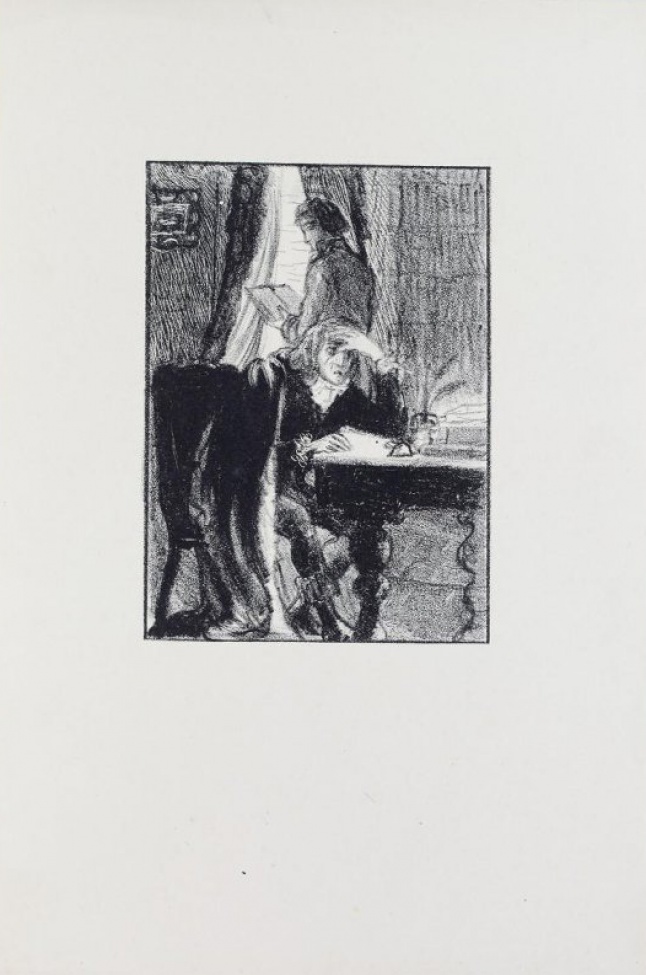 В интерьере жилой комнаты изображены сидящий мужчина, облокотившийся левой рукой о стол и юноша, стоящий за его спиной у окна, с книгой в руке.