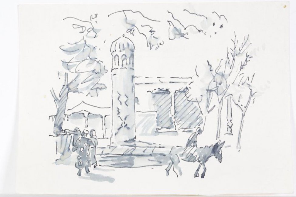 Летний городской пейзаж. В центре композиции изображен минарет, перед ним группа людей; справа - мужчина верхом на ослике. На дальнем плане - постройки, деревья.