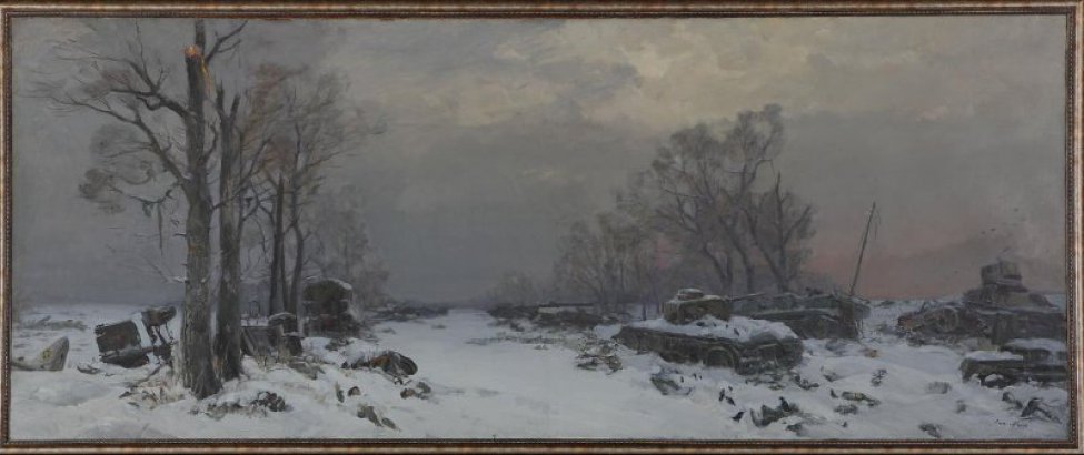 Изображена среди зимнего подмосковного пейзажа многочисленная боевая техника фашистских захватчиков - танки, автомашины и пр., разбитые и брошенные врагом, засыпанные снегом.