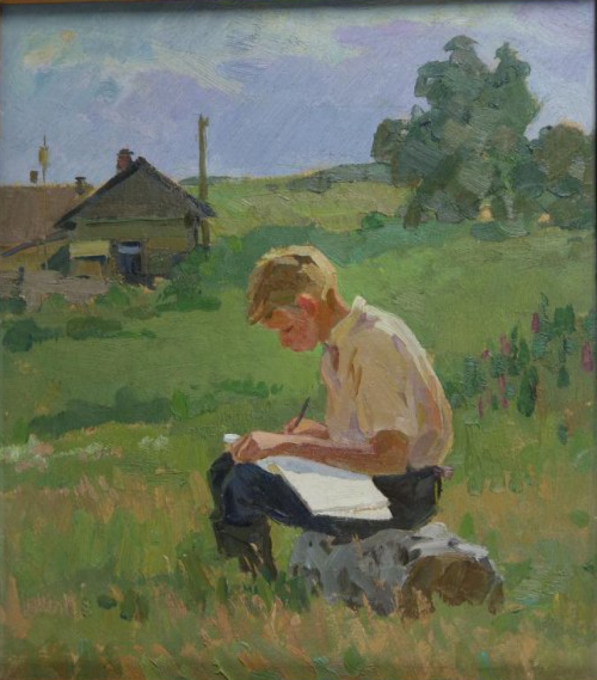 Изображен летний пейзаж с деревянным домиком, посреди поляны на бревне сидит мальчик, рисующий в альбоме.