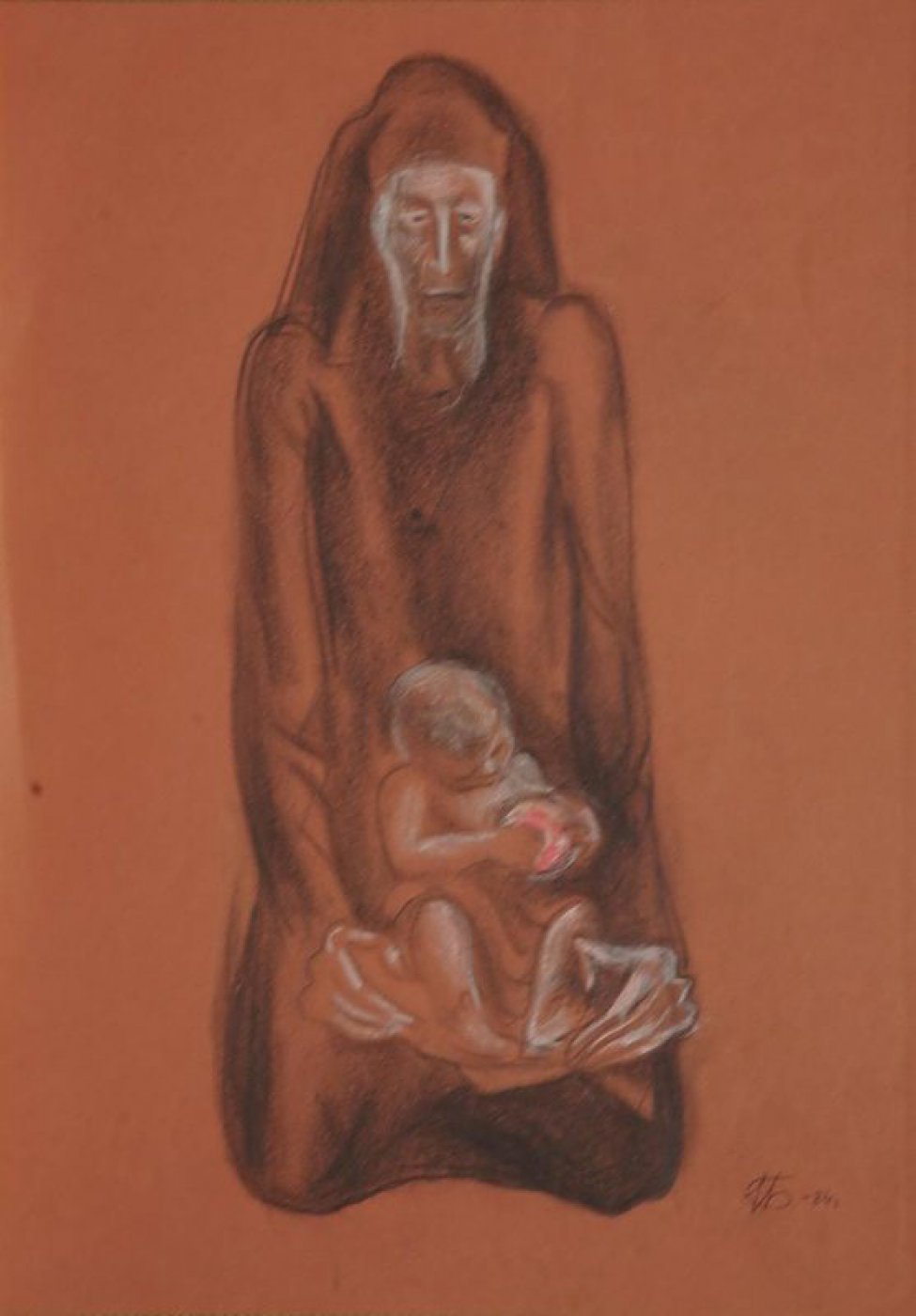 Изображена анфас сидящая на коленях старуха с ребенком.