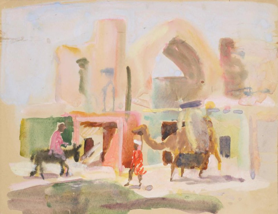 Летний, солнечный городской пейзаж. В центре композиции на фоне построек изображено: слева - мужчина в розовой одежде на ослике, справа - мужчина в красном халате с верблюдом.