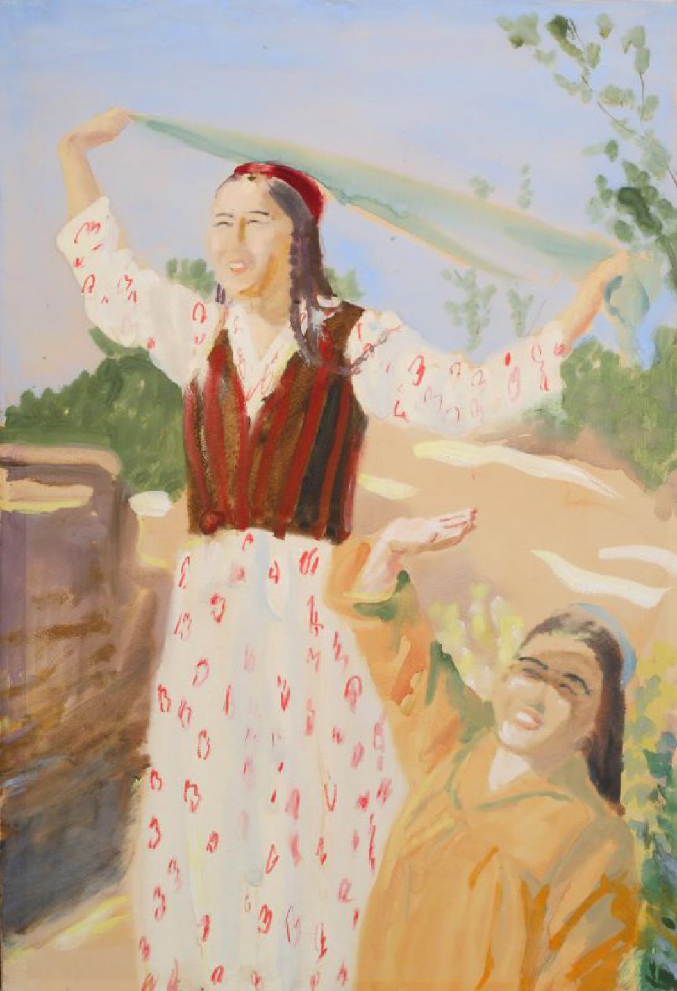 Изображены две молодые узбечки: одна в рост в светлом цветном платье и полосатой жилетке, в ее поднятых к верху руках зеленая косынка; фигура второй
женщины срезана погрудно нижним краем листа.
