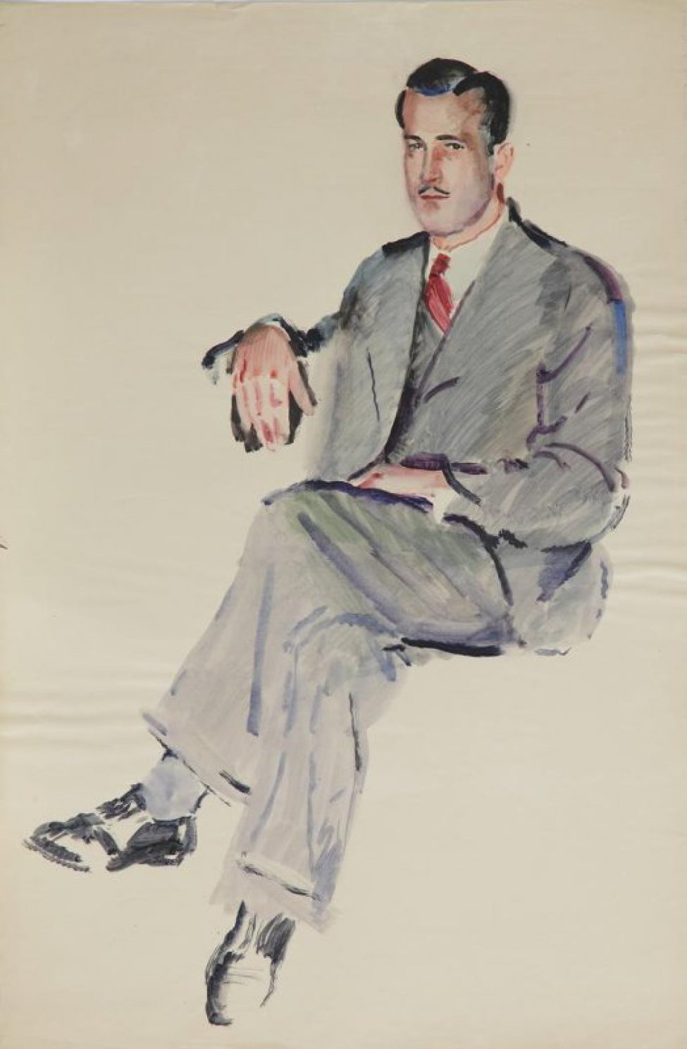 Изображен молодой мужчина, сидящий в 1/4 правом повороте; серый костюм, светлая рубашка, темно-вишневый галстук.