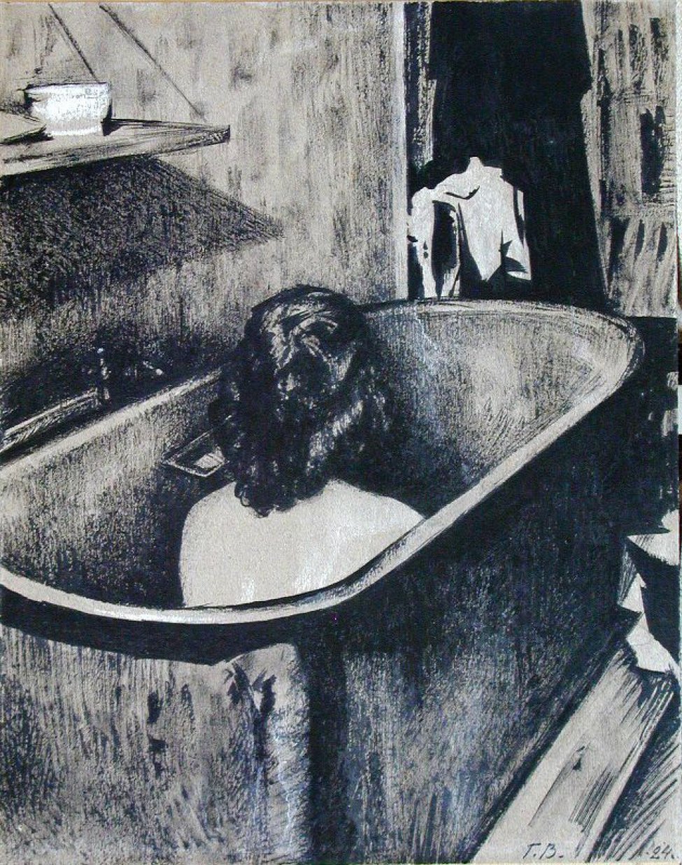 изображена часть ванной комнаты. В центре композиции на переднем плане - ванна, в которой сидит женщина, изображенная со спины.