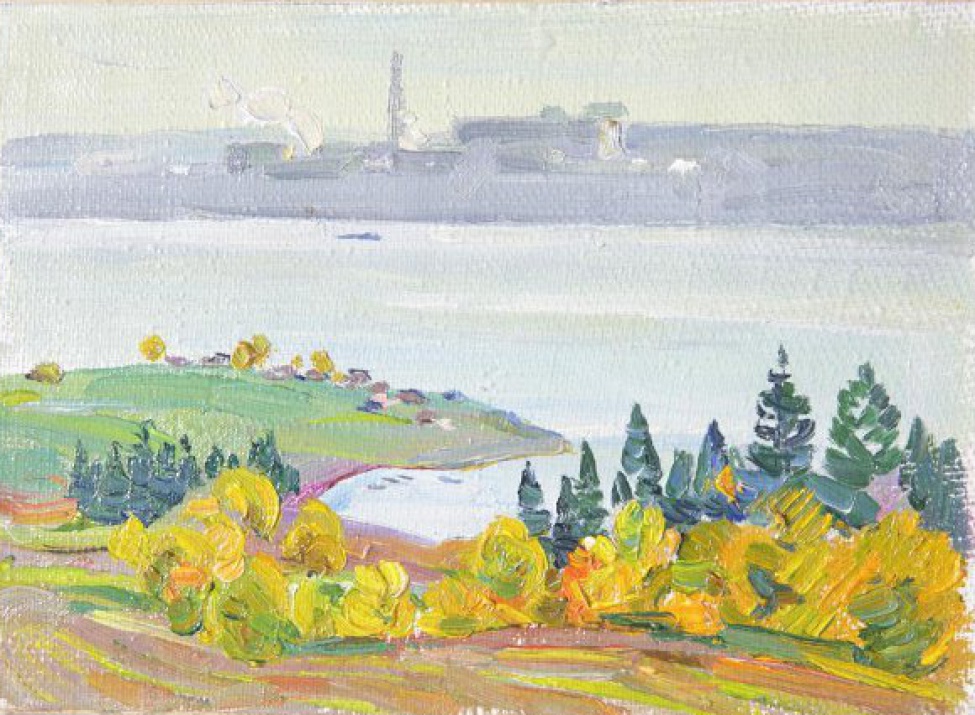Изображен осенний пейзаж с рекой, на противоположном берегу производственные постройки.