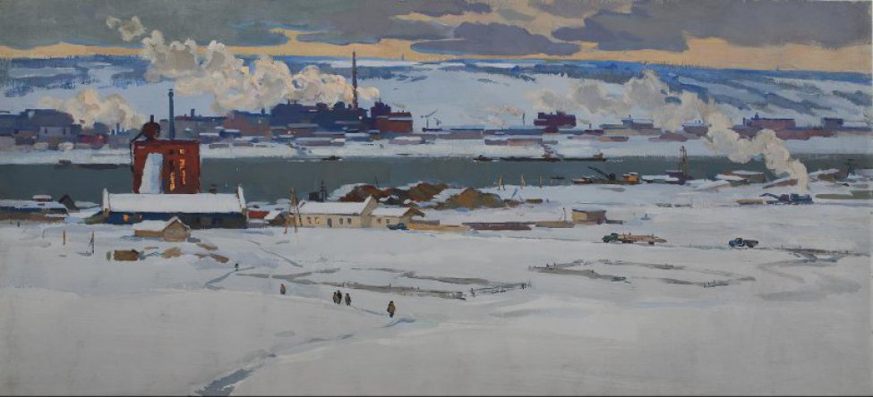 Зимний индустриальный пейзаж с промышленными постройками, дымящими трубами, раскинувшийся на обоих берегах протянувшейся вдоль изображения реки.