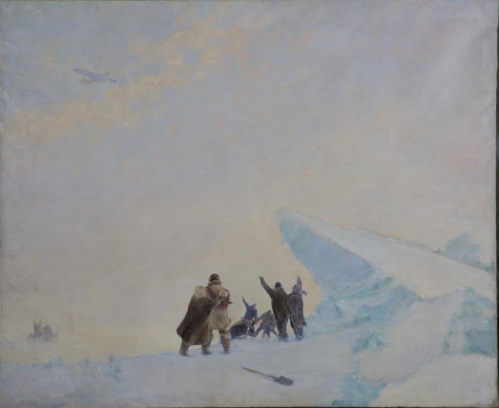 В центре на льдине изображена группа людей (семь человек). Они с поднятыми руками следят за летящим самолетом. Слева несколько человек и вышка с красными флагами.
